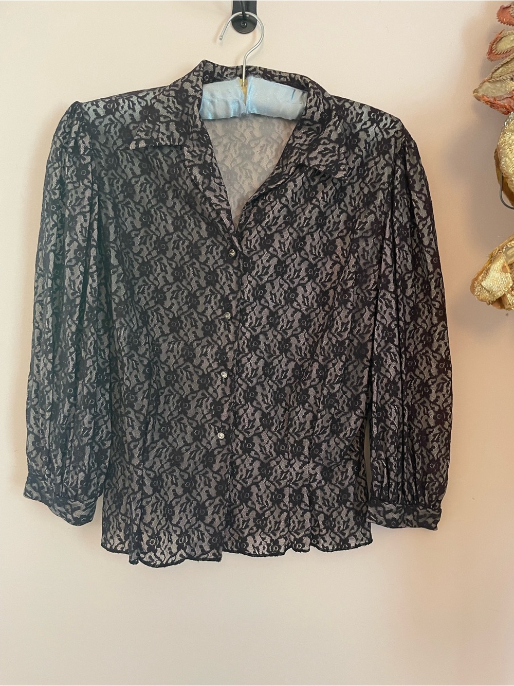 Sheer Black Lace Button-Front Women's Blouse 1950s- 60s Rhinestone Buttons